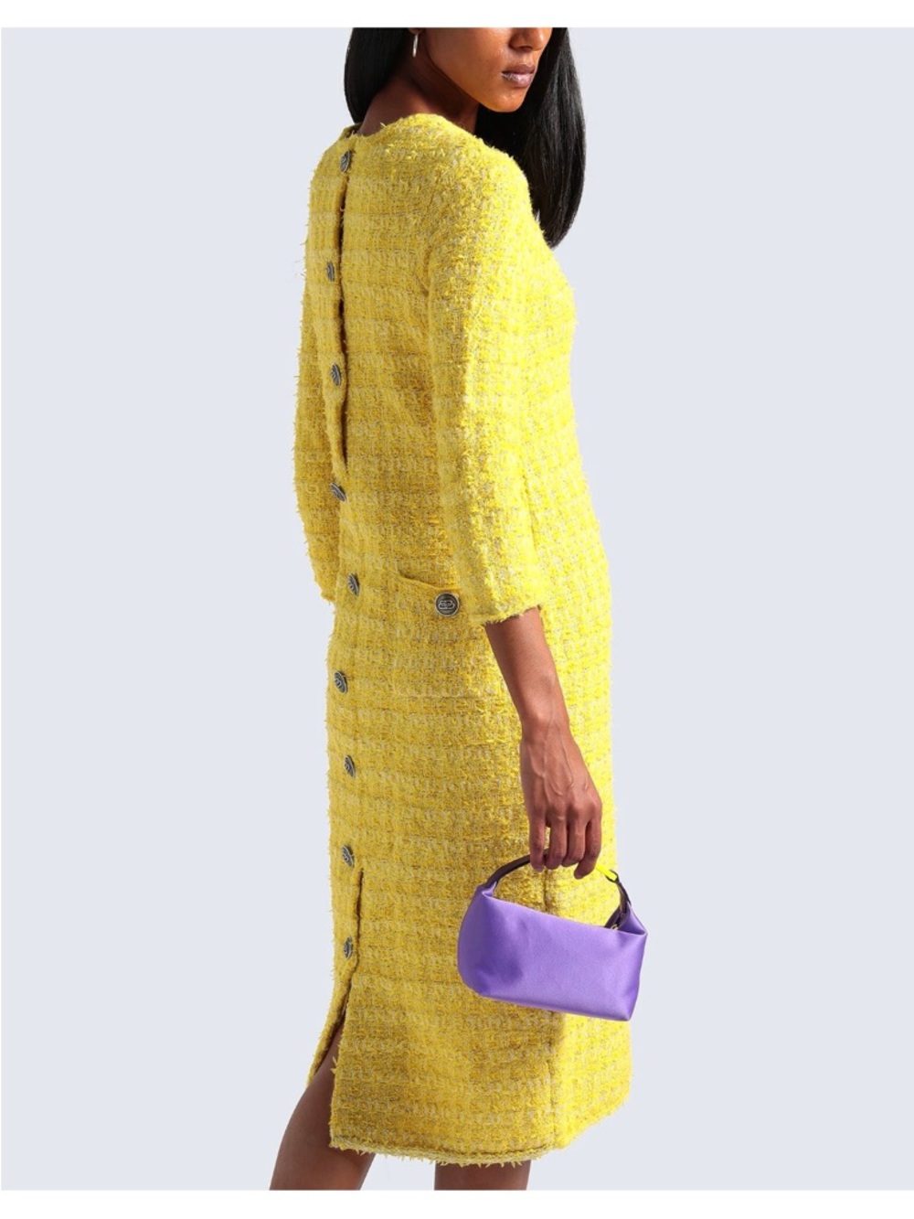 Balenciaga Yellow Textured Button-Back Sheath tweed Dress Xs